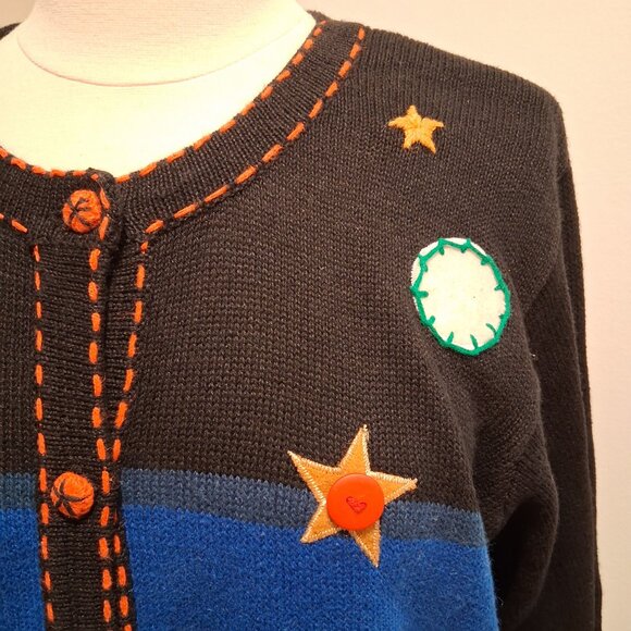 Arriviste Fall Halloween Embellished Scarecrow Leaves Cat Sweater Cardigan sz L - Picture 2 of 8